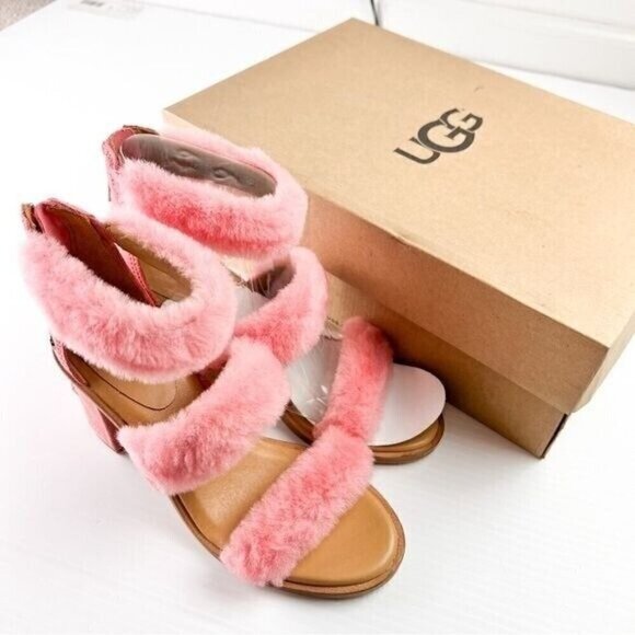 UGG sandals womens 6 Pink Del Rey Fluff Heel Open Toe Zip Closure - Picture 16 of 16